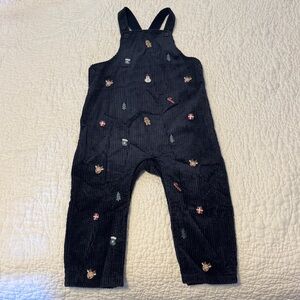 Kids Navy Blue Corduroy Overalls with Embroidered Holiday Accents